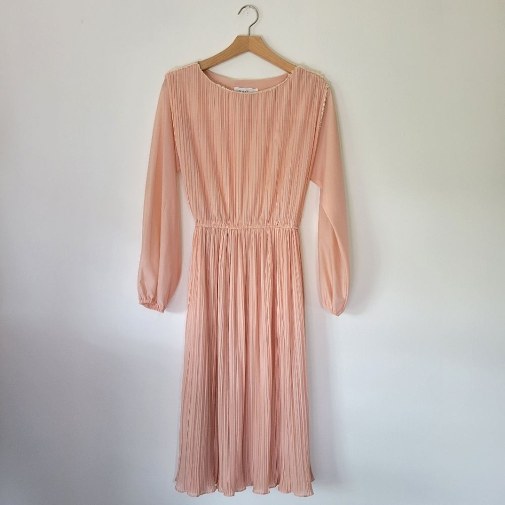 Vintage Pink Long Sleeve Dress M Crochet Trim Party